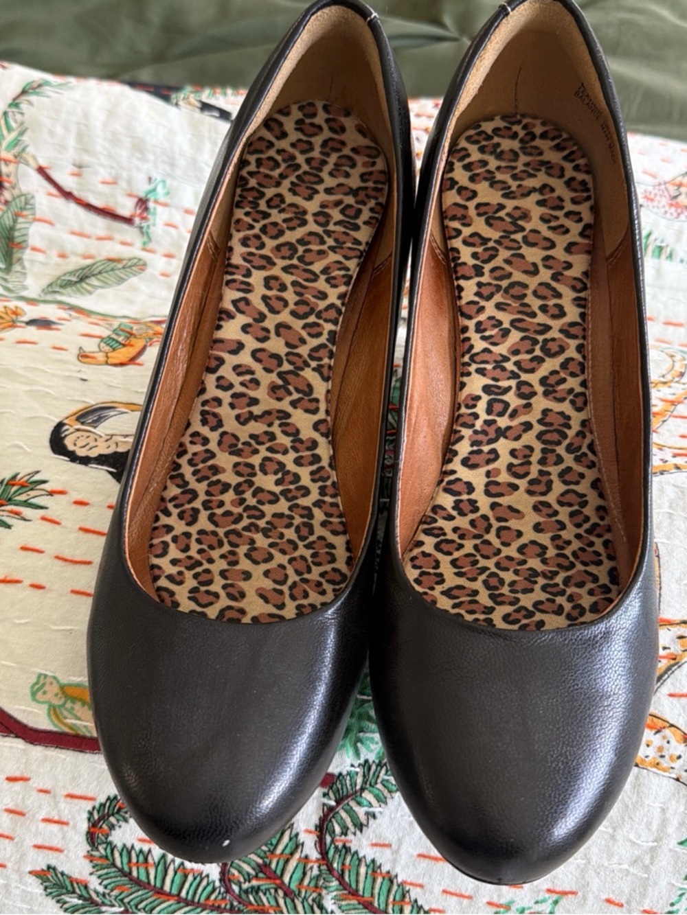 Clarks Black Leather Wedges with Leopard Insole